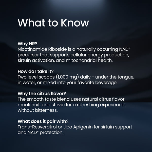 A dark informational graphic with the heading 'What to Know' and several paragraphs of white text about NR, dosage, citrus flavor, and pairing with Trans-Resveratrol or Lipo Apigenin.