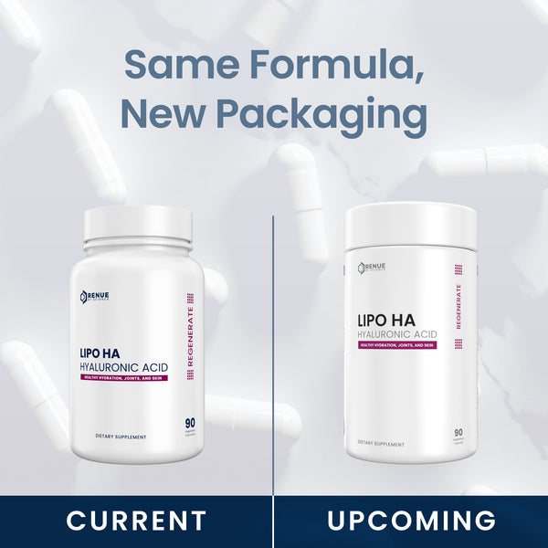 Promotional comparison graphic showing two white supplement bottles labeled LIPO HA Hyaluronic Acid. The left bottle is labeled CURRENT and shown with a dark blue banner below it, while the right bottle is labeled UPCOMING and shown against a pale background.