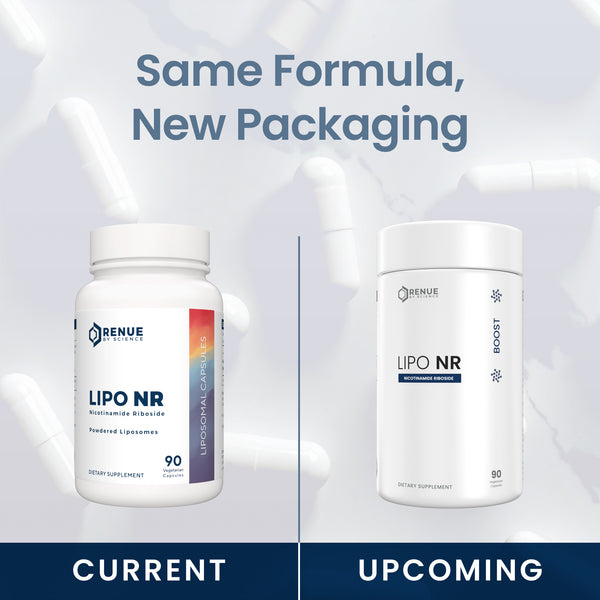 Promotional comparison graphic for Renue Labs Lipo NR dietary supplement, showing the old white bottle labeled 'Current' on the left and a new white cylindrical tub labeled 'Upcoming' on the right, with the headline 'Same Formula, New Packaging' above and 'Current' and 'Upcoming' labels below.