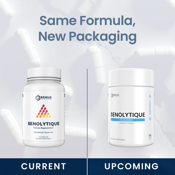 Promotional graphic showing two white supplement bottles side by side with the headline 'Same Formula, New Packaging.' The left bottle is labeled 'CURRENT' and reads 'SENOLYTIQUE Cellular Regression' by RENUE.