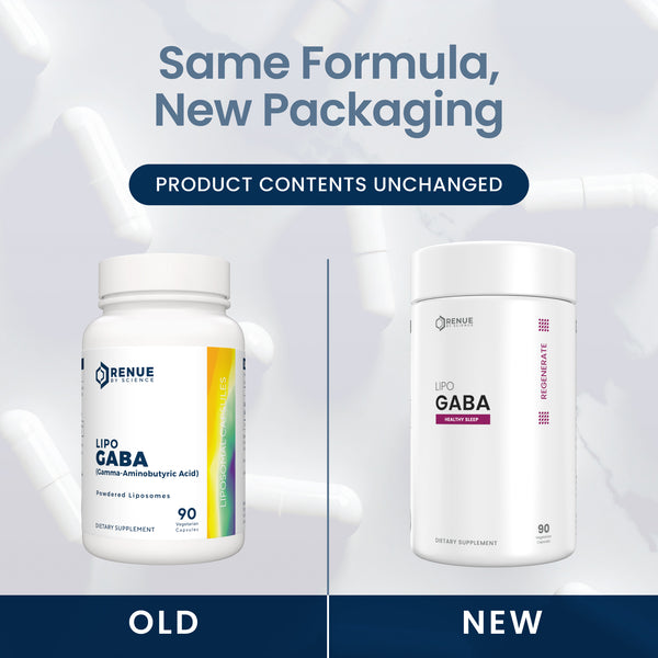 Promotional comparison graphic showing two white supplement bottles labeled Renue Lipo Gaba, with text reading 'Same Formula, New Packaging' and 'Product Contents Unchanged.' The left bottle is labeled 'OLD' and has a multicolor label; the right bottle is labeled 'NEW' and is mostly white with a purple accent.