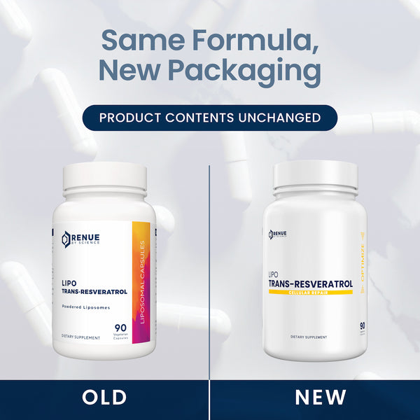 Two bottles of Renue Lipo Trans-Resveratrol with text indicating same formula, new packaging.