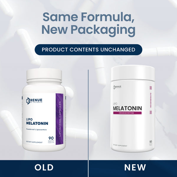 Promotional comparison graphic showing the old and new packaging of Renue Supplements Lipo Melatonin capsules. The left side shows the old white bottle with a purple label, and the right side shows the new white cylindrical container with a purple label.