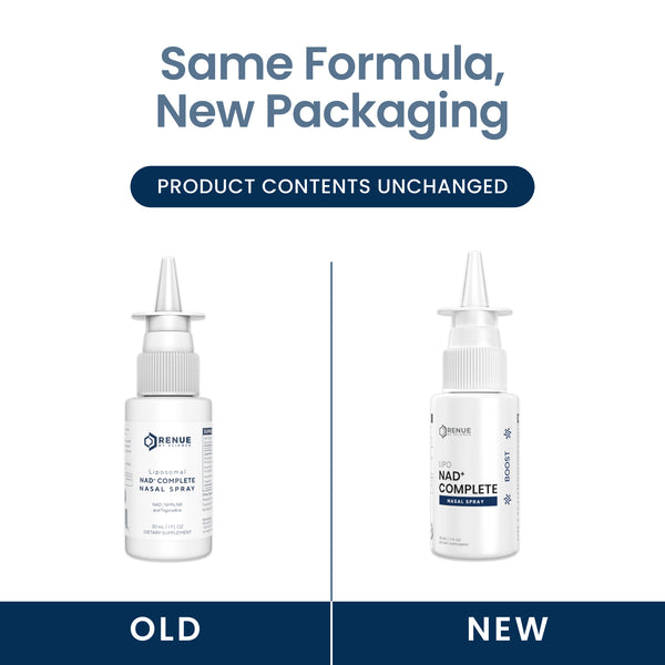 Promotional graphic showing two white nasal spray bottles labeled Benru NAD+ Complete Nasal Spray, with text reading 'Same Formula, New Packaging' and 'Product Contents Unchanged,' plus 'OLD' and 'NEW' labels below.