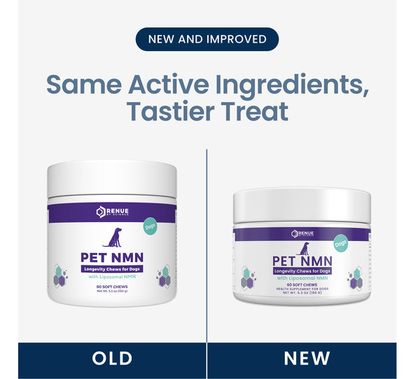 A promotional comparison graphic for pet treats showing two white jars labeled BRENUE PET NMN, with the left jar marked 'OLD' and the right jar marked 'NEW'. Large text at the top reads 'Same Active Ingredients, Tastier Treat' and a dark blue badge says 'NEW AND IMPROVED'.