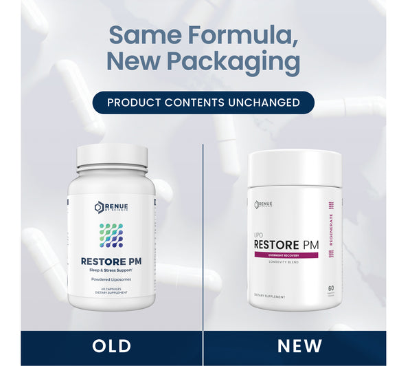 Promotional comparison graphic showing two white supplement bottles labeled RENUE Restore PM, with the left bottle marked 'OLD' and the right bottle marked 'NEW' under the headline 'Same Formula, New Packaging' and 'Product Contents Unchanged'.
