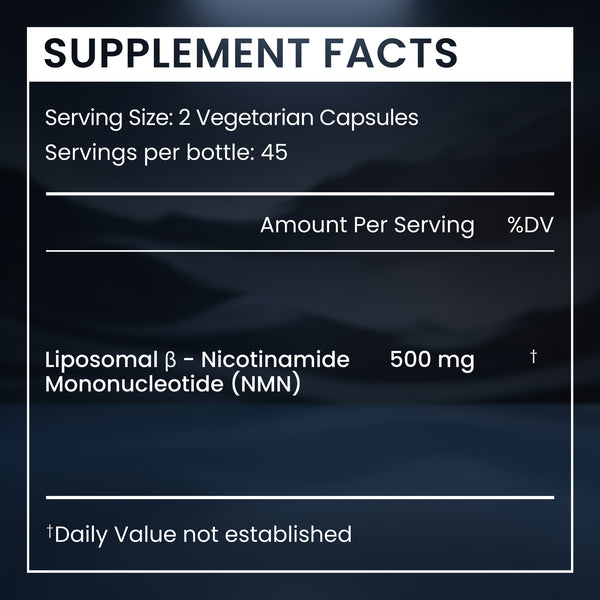 Supplement facts label for Liposomal β-Nicotinamide Mononucleotide (NMN) on a dark background