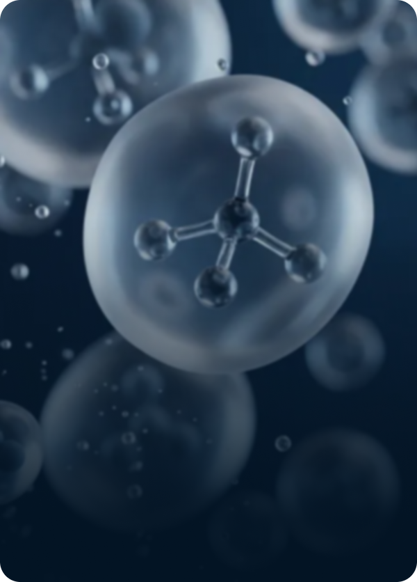 Molecular structure within a bubble on a dark blue background