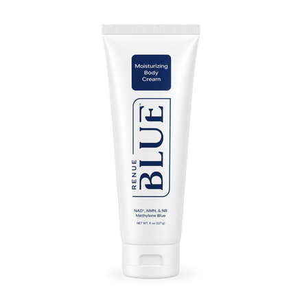 A white squeeze tube of RENUE BLUE Moisturizing Body Cream with navy blue text and logo, set against a plain white background.