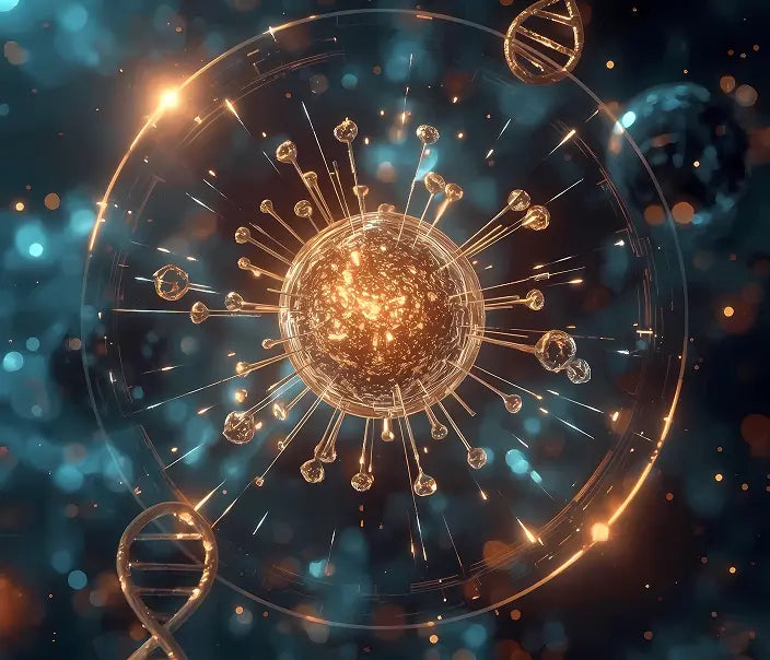 Virus-like particle with DNA double helixes on a dark blue background