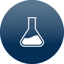 White beaker icon on a blue circular background