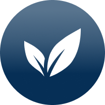Blue circular icon with a white leaf design
