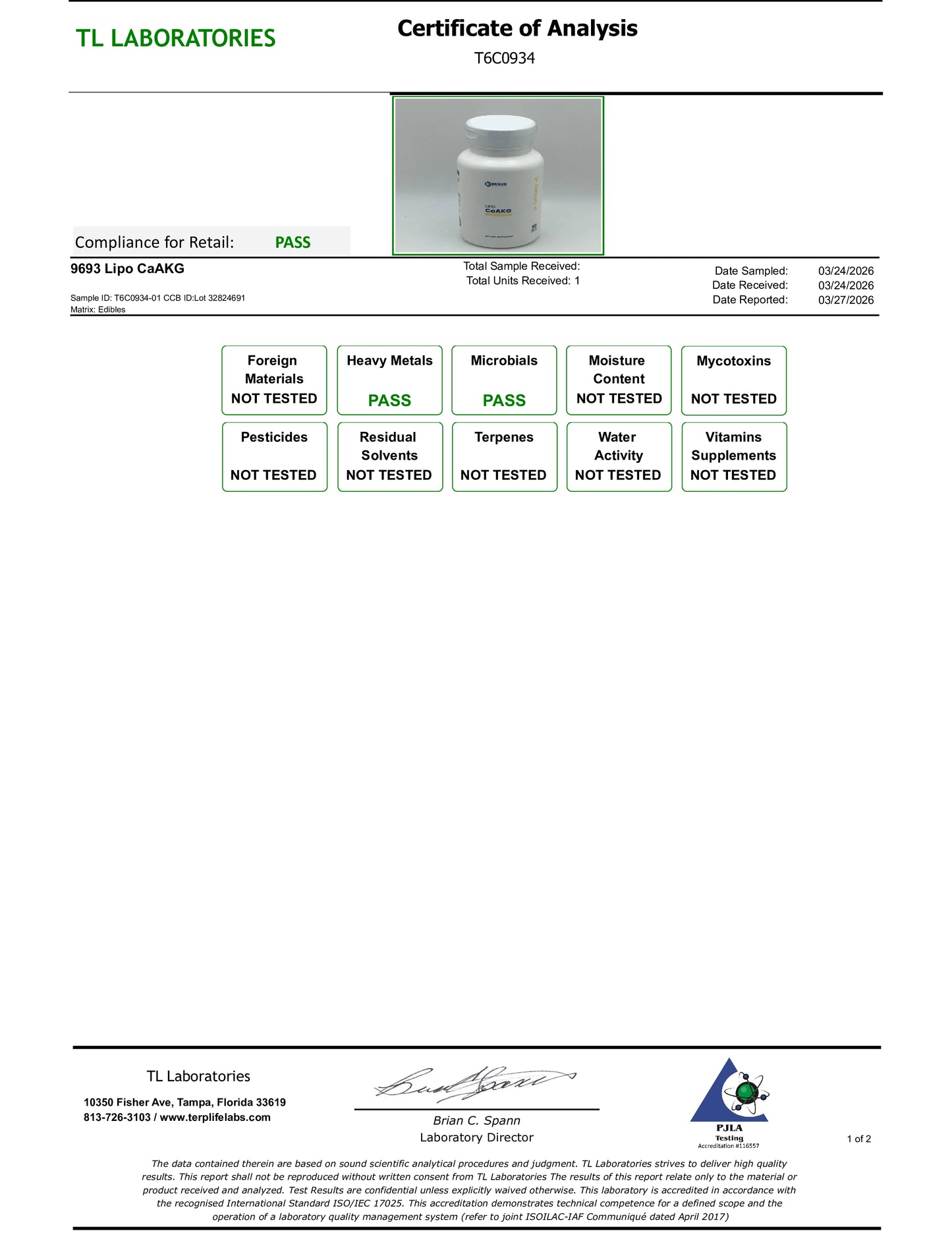 Certificate of Analysis from TL Laboratories with a product image and test results.