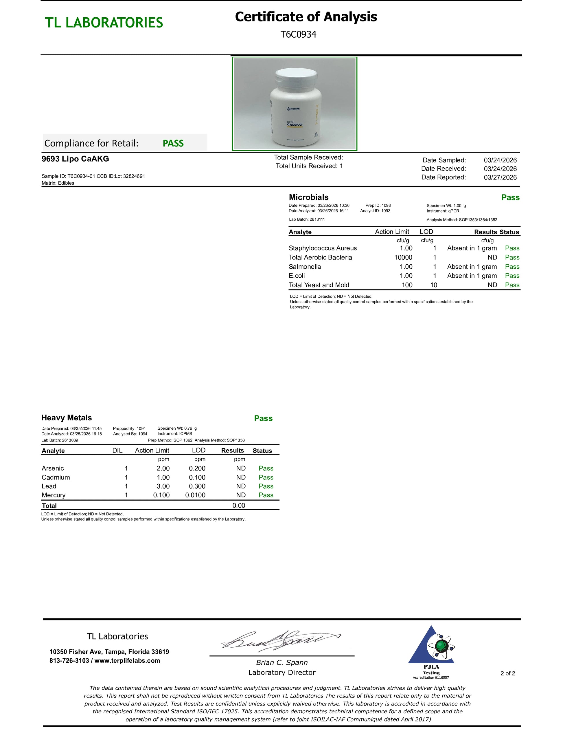 Certificate of Analysis from TL Laboratories with a product image and test results.