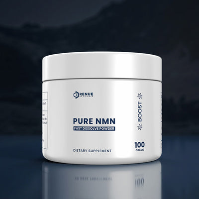 White container of Pure NMN dietary supplement with a dark background