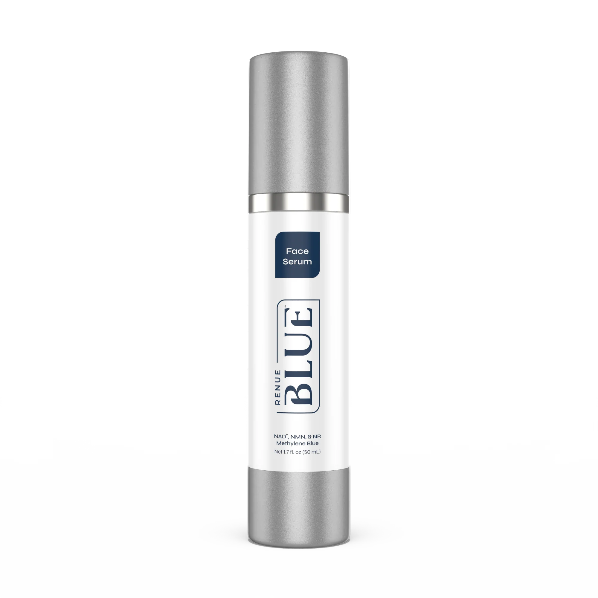 Bottle of Renue Blue face serum on a white background