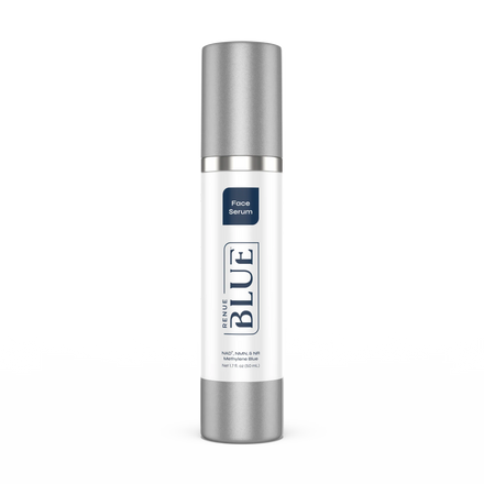 Bottle of Renue Blue face serum on a white background