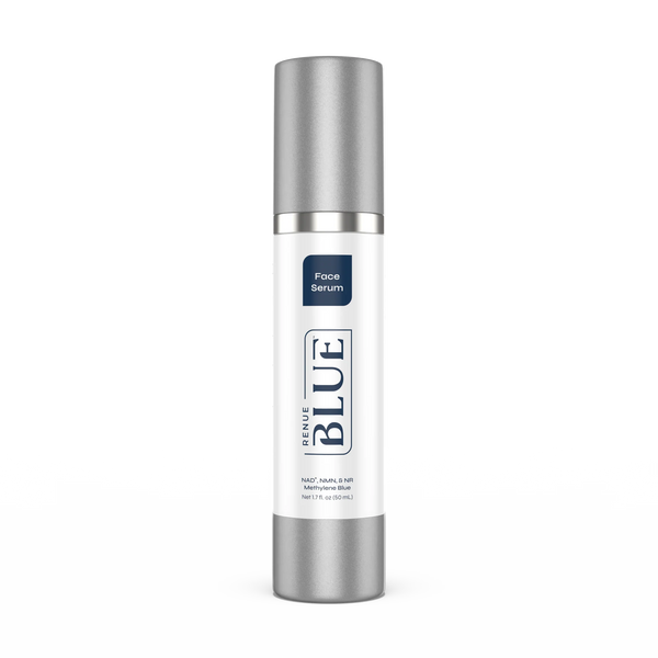 Bottle of Renue Blue face serum on a white background