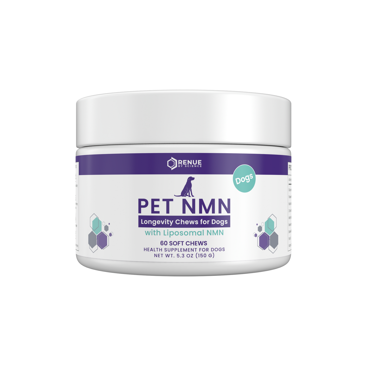 A white plastic jar of Renue Pet NMN Longevity Chews for Dogs with a purple and teal label, shown on a plain white background.