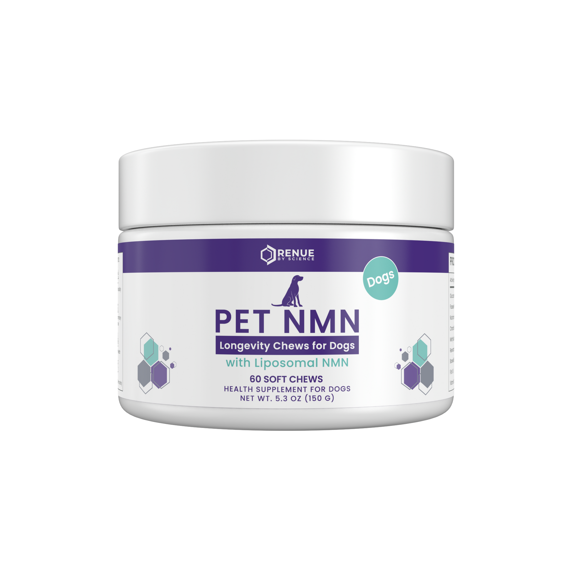 A white plastic jar of Renue Pet NMN Longevity Chews for Dogs with a purple and teal label, shown on a plain white background.