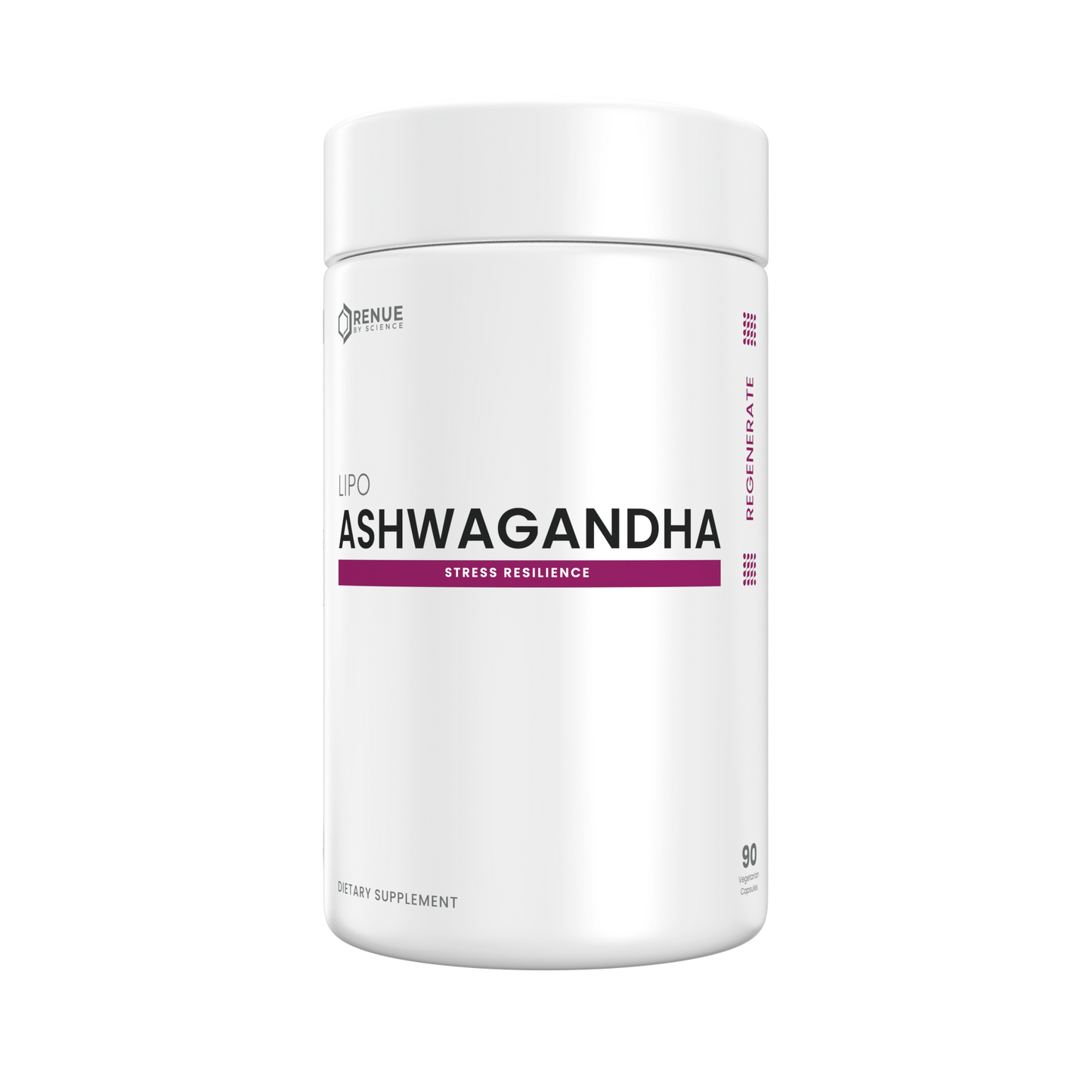Supplement container labeled 'ASHWAGANDHA' on a white background