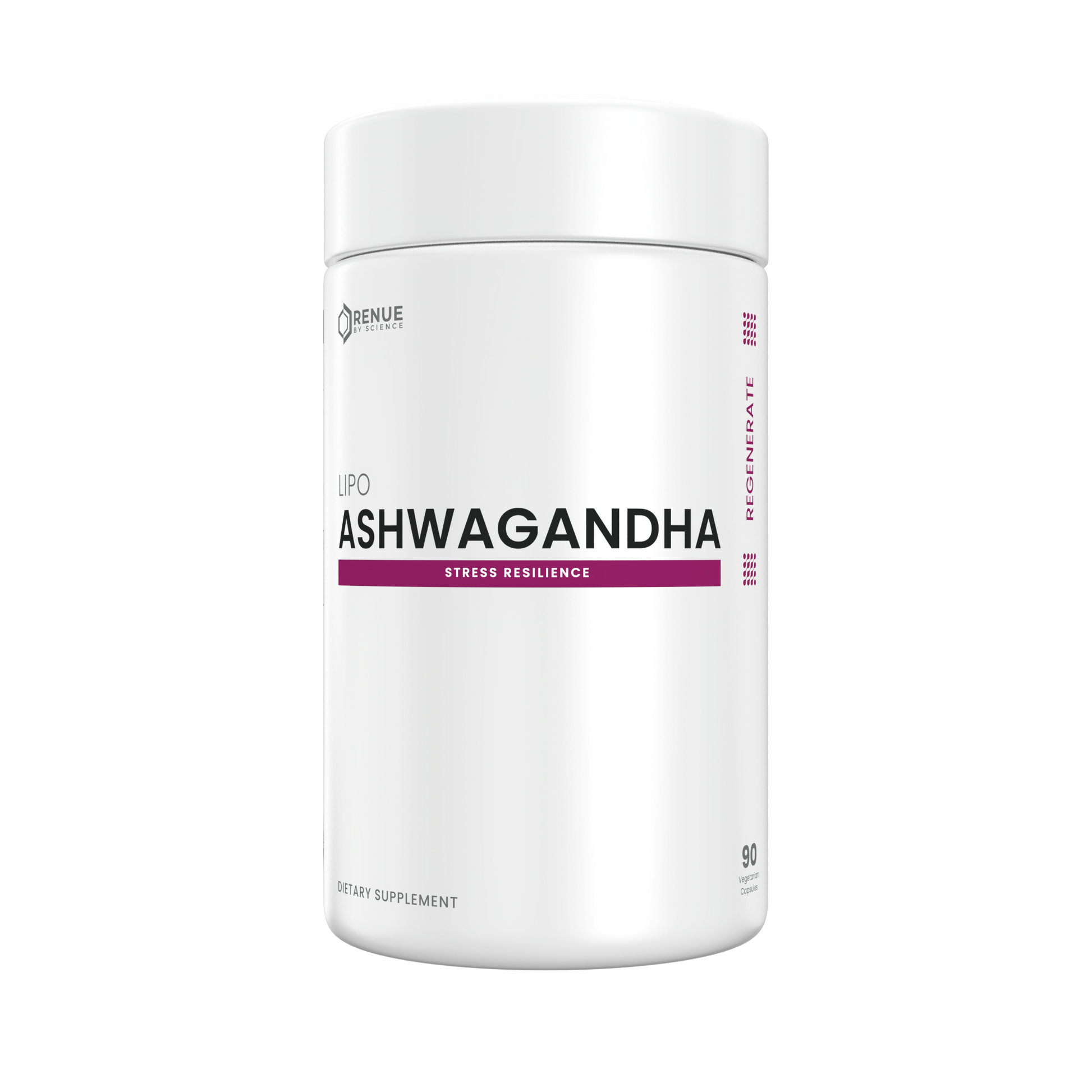 Supplement container labeled 'ASHWAGANDHA' on a white background