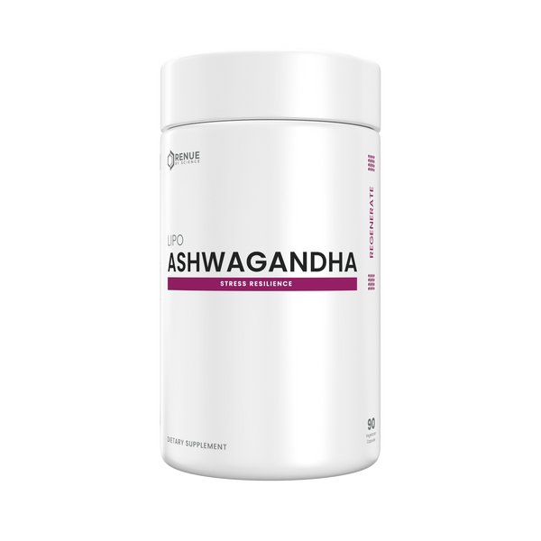 Supplement container labeled 'ASHWAGANDHA' on a white background