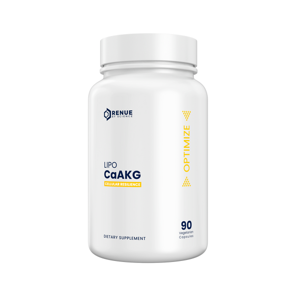 Supplement bottle labeled 'Lipo CaAKG' by Renue on a white background