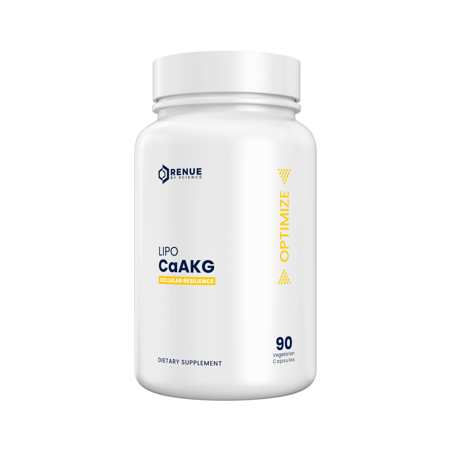 Supplement bottle labeled 'Lipo CaAKG' by Renue on a white background