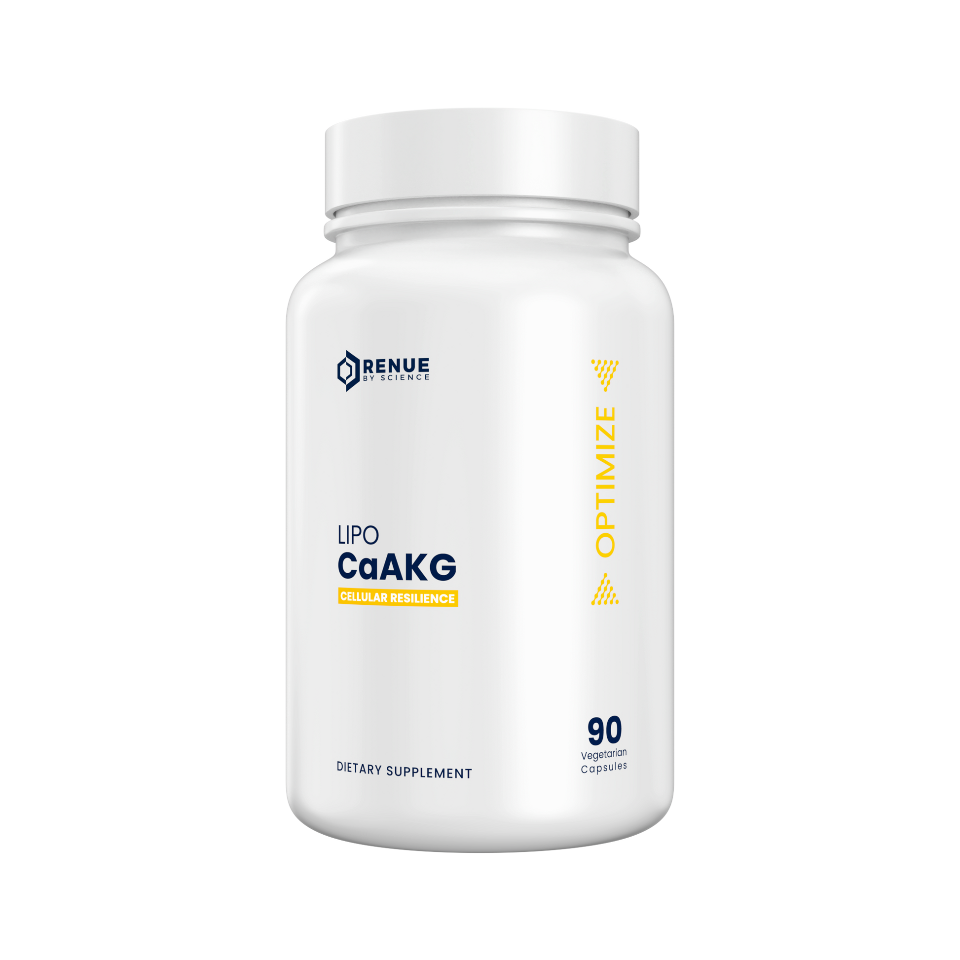 Supplement bottle labeled 'Lipo CaAKG' by Renue on a white background