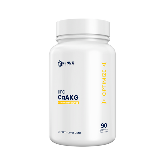 Supplement bottle labeled 'Lipo CaAKG' by Renue on a white background