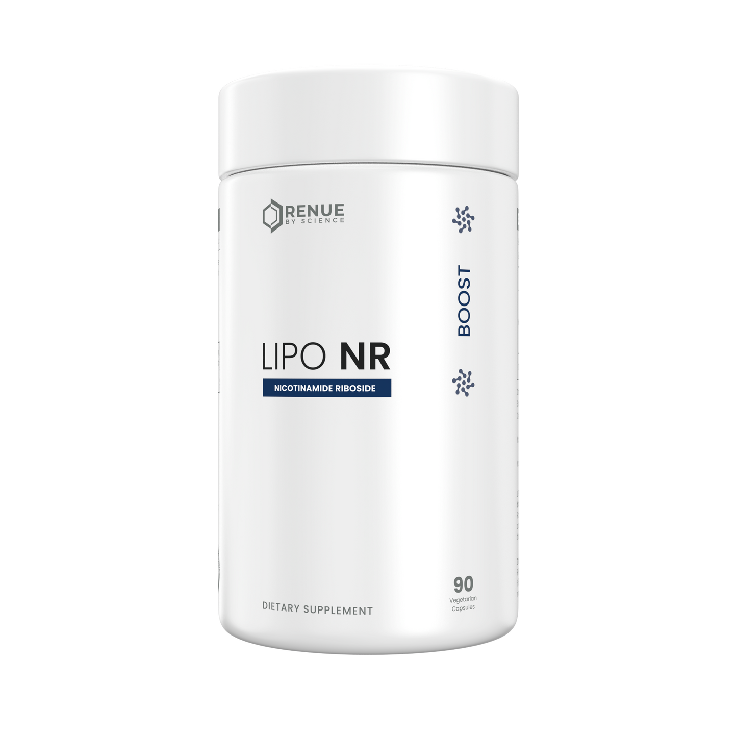 Supplement container labeled 'Lipo NR' by Renue on a white background