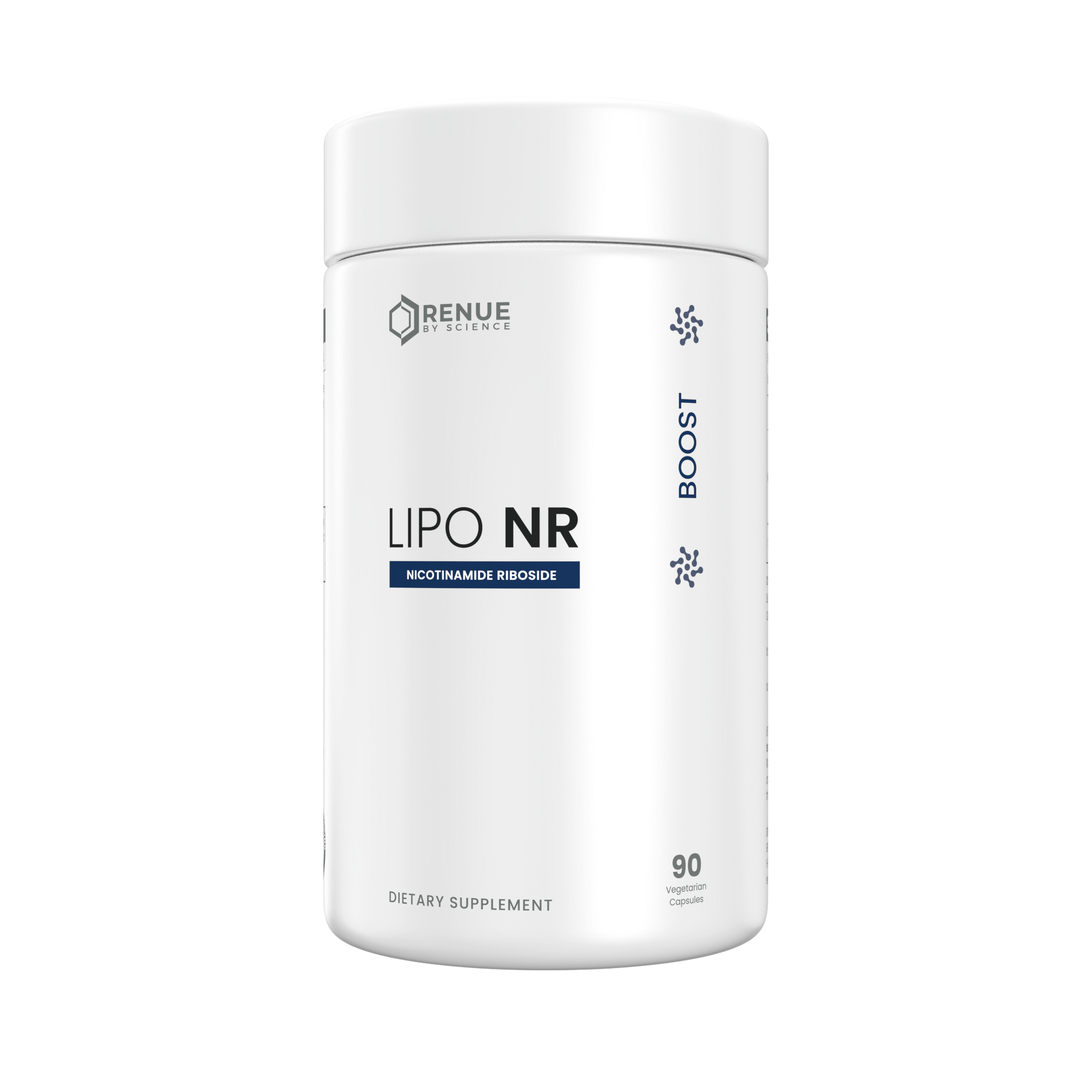 Supplement container labeled 'Lipo NR' by Renue on a white background