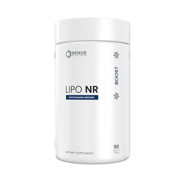 Supplement container labeled 'Lipo NR' by Renue on a white background