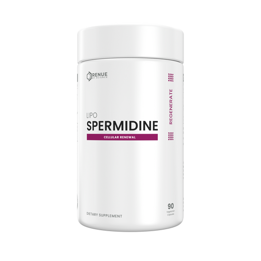 A white cylindrical supplement bottle labeled 'LIPO SPERMIDINE' by Benue Labs, with black and magenta text on a clean white background.