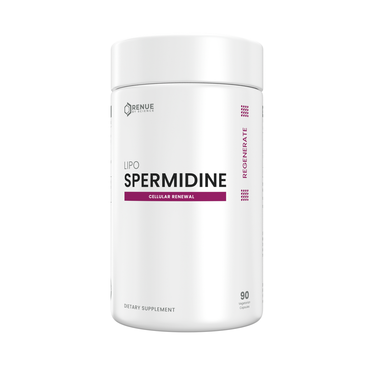 A white cylindrical supplement bottle labeled 'LIPO SPERMIDINE' by Benue Labs, with black and magenta text on a clean white background.