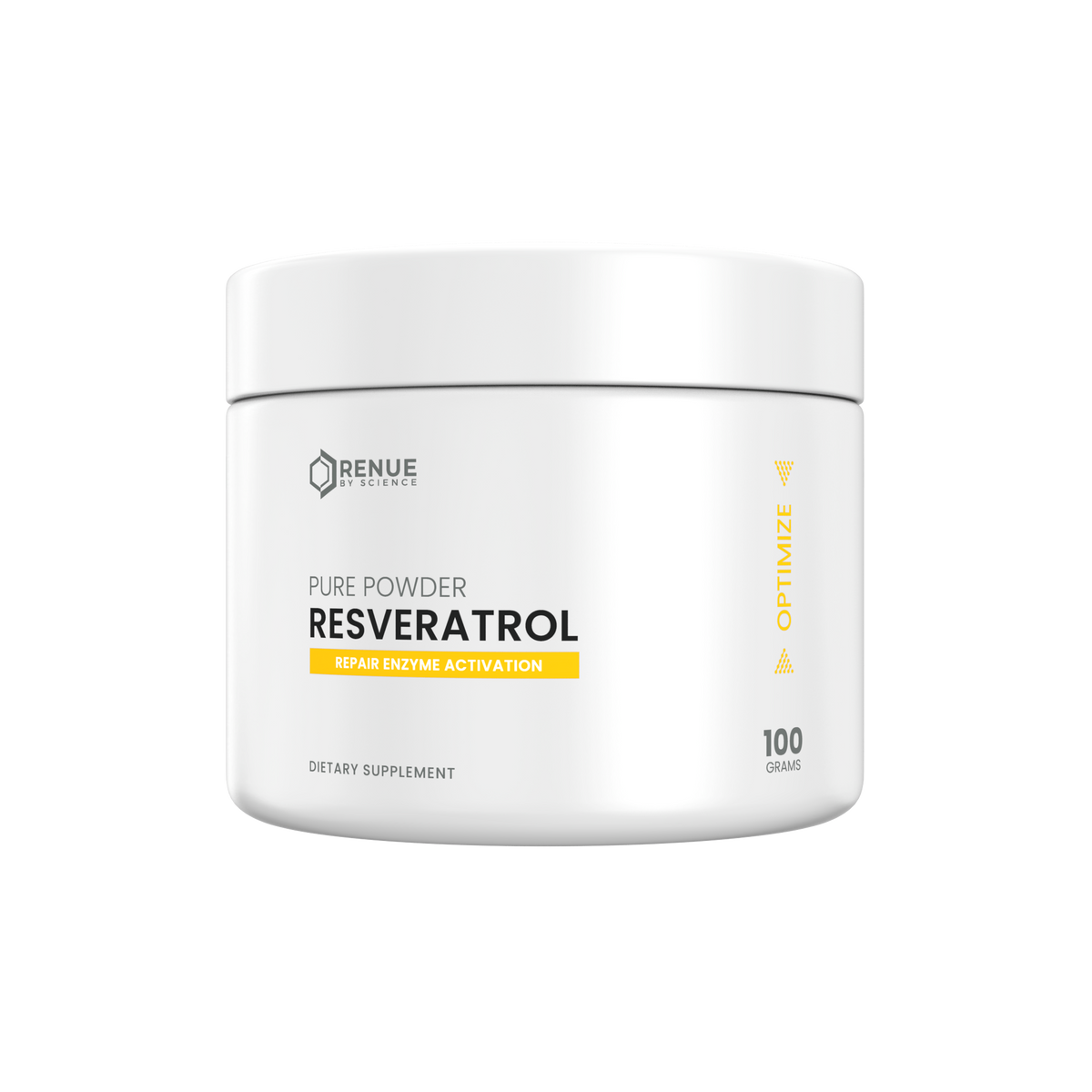 A white plastic jar of Renue Labs Resveratrol dietary supplement powder, featuring a clean white label with black and yellow text, set against a plain white background.