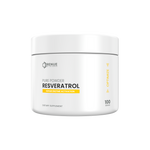 A white plastic jar of Renue Labs Resveratrol dietary supplement powder, featuring a clean white label with black and yellow text, set against a plain white background.