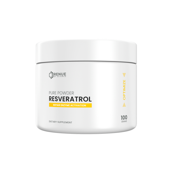 A white plastic jar of Renue Labs Resveratrol dietary supplement powder, featuring a clean white label with black and yellow text, set against a plain white background.