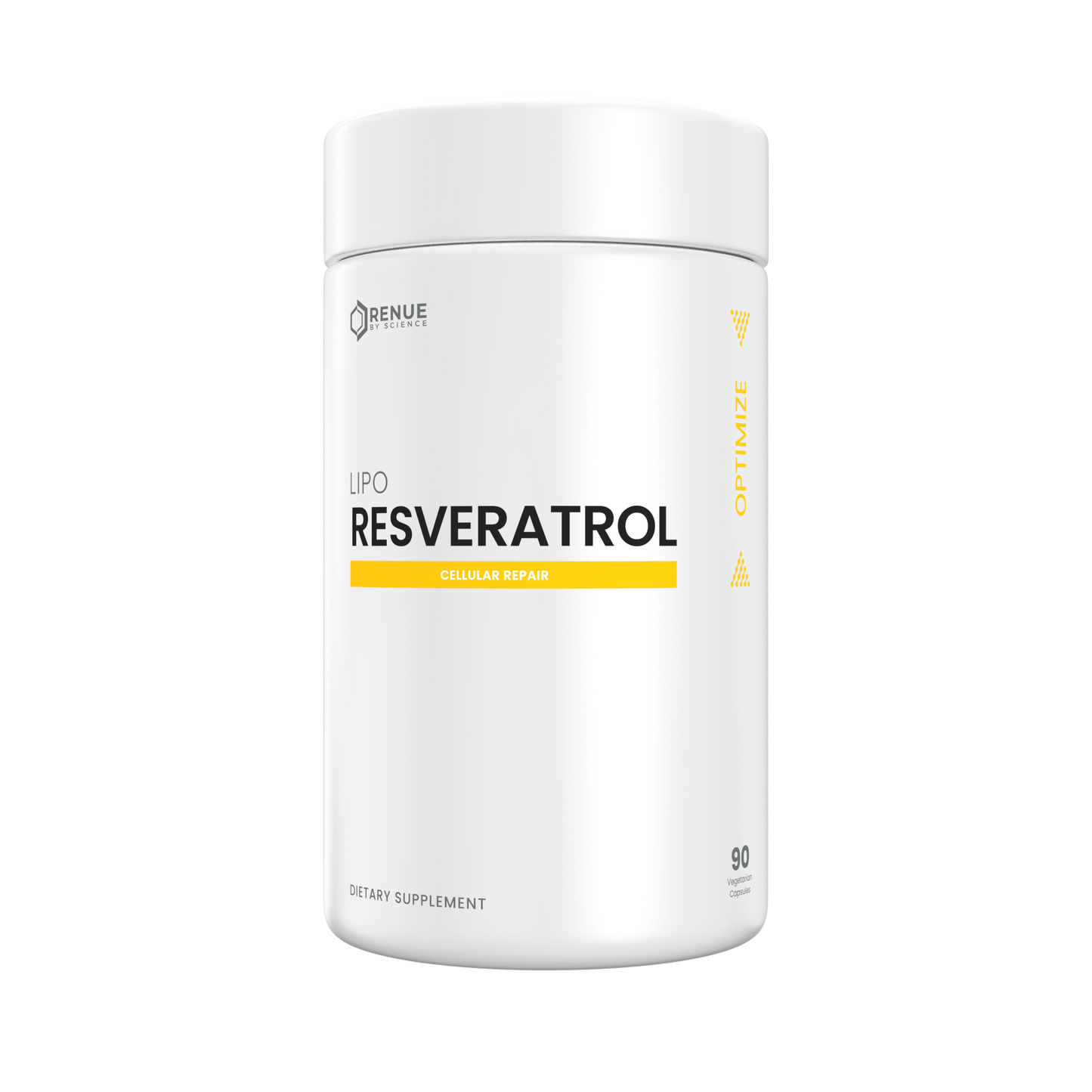 A white cylindrical supplement bottle labeled 'BENUE SUPPLEMENTS' and 'RESVERATROL' with a yellow accent band on a plain white background.
