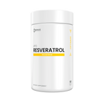 A white cylindrical supplement bottle labeled 'BENUE SUPPLEMENTS' and 'RESVERATROL' with a yellow accent band on a plain white background.