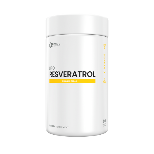 A white cylindrical supplement bottle labeled 'BENUE SUPPLEMENTS' and 'RESVERATROL' with a yellow accent band on a plain white background.