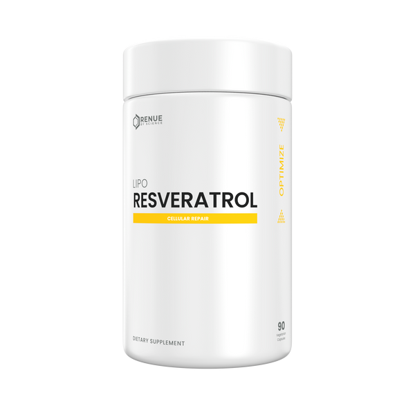 A white cylindrical supplement bottle labeled 'BENUE SUPPLEMENTS' and 'RESVERATROL' with a yellow accent band on a plain white background.