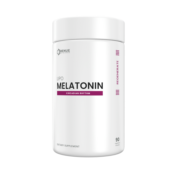 A white cylindrical supplement bottle labeled 'MELATONIN' with the Benue Labs logo, on a plain white background.