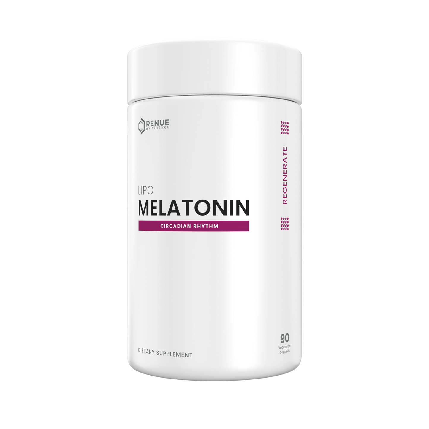 A white cylindrical supplement bottle labeled 'MELATONIN' with the Benue Labs logo, on a plain white background.