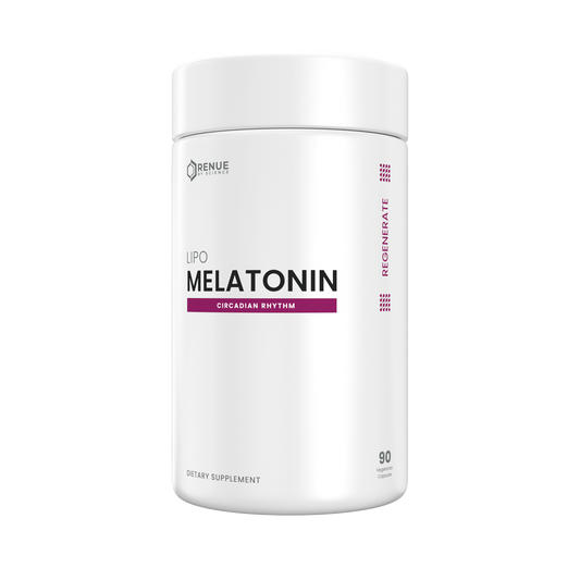 A white cylindrical supplement bottle labeled 'MELATONIN' with the Benue Labs logo, on a plain white background.