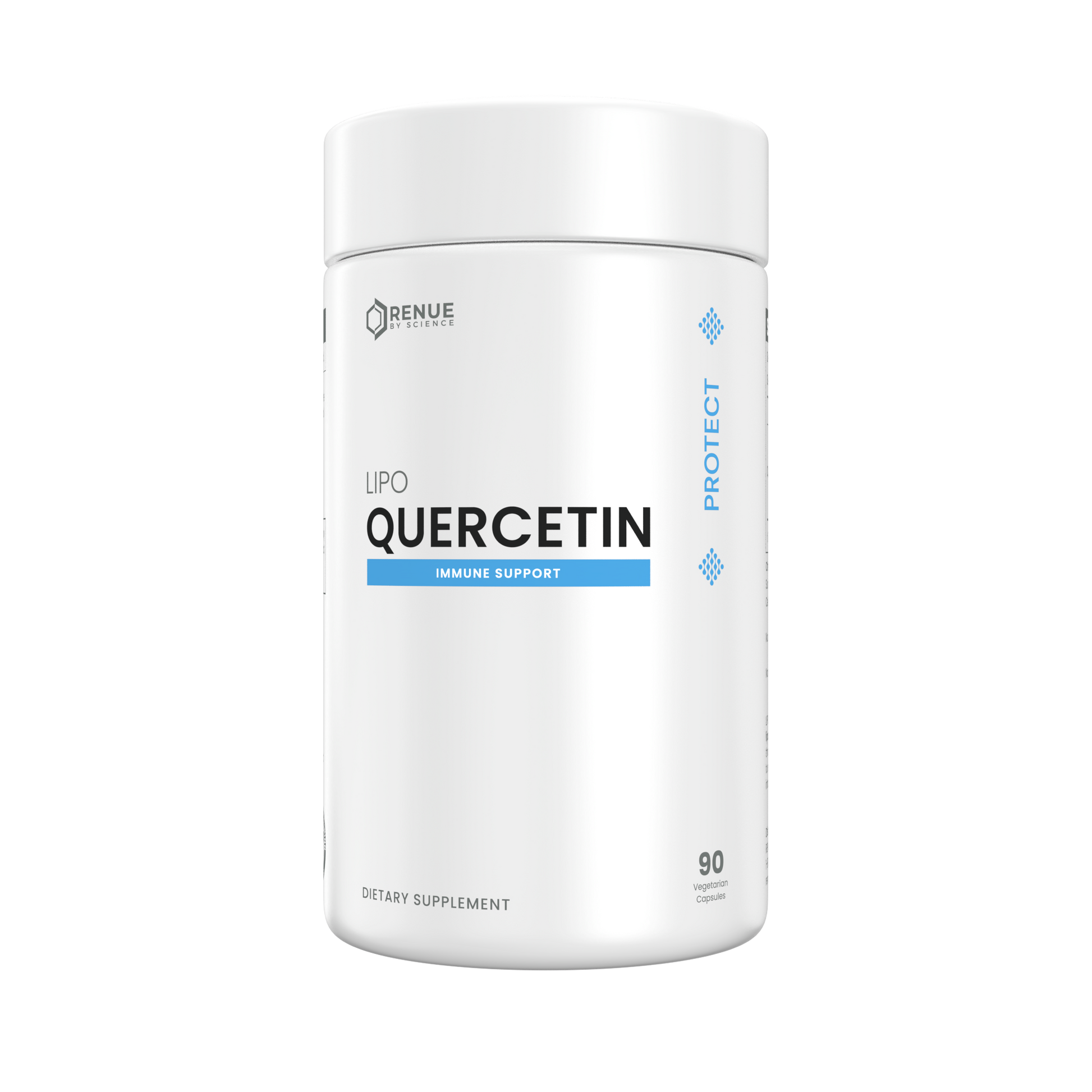 A white cylindrical supplement bottle labeled 'RENUE NATURALS LPO QUERCETIN' with blue accents and 'PROTECT' printed vertically on the side, set against a plain white background.