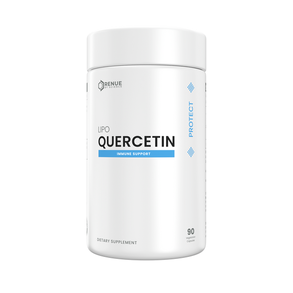 A white cylindrical supplement bottle labeled 'RENUE NATURALS LPO QUERCETIN' with blue accents and 'PROTECT' printed vertically on the side, set against a plain white background.