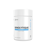 A white cylindrical supplement bottle labeled SENOLYTIQUE Cellular Mineral Longevity Blend by Denue Labs, shown on a plain white background.