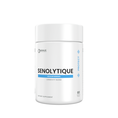 A white cylindrical supplement bottle labeled SENOLYTIQUE Cellular Mineral Longevity Blend by Denue Labs, shown on a plain white background.